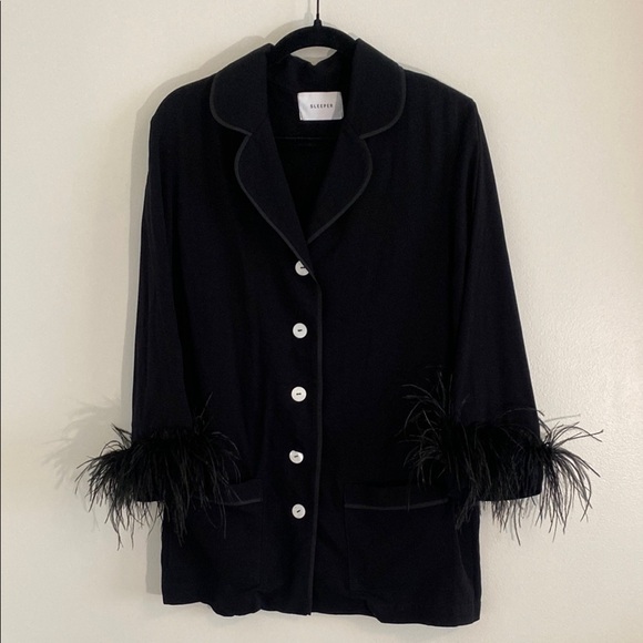 Sleeper Party Pajamas Long Sleeve Button Down Top with Feathers in Black Large - Picture 1 of 9